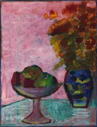 Naturaleza muerta con frutero y jarrón de flores, ca. 1932