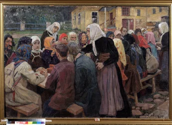 La comida. Una larga mesa instalada en el jardín, para servir el almuerzo a una multitud de personas, las mujeres de turno visten pañuelos blancos. Pintura de Alexei Mikhaylovich Korin (Korine) (1865-1923), óleo sobre lienzo