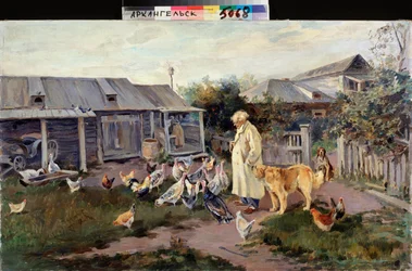 Saludo matutino - Animales de corral rodean a un granjero - Pintura de Alexei Stepanovich Stepanov (1858-1923), óleo sobre lienzo, finales de 1890, arte ruso