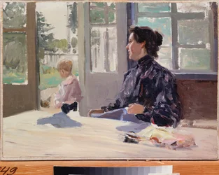 En la terraza - Pintura de Alexander Stepanovich Stepanov (1858-1923), óleo sobre lienzo, arte ruso, finales del siglo XIX-principios del siglo XX, modernismo - Museo Estatal de Arte, Nizhny Novgorod (Rusia)