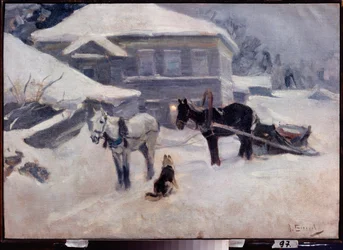 Un hotel rural - Pintura de Alexei Stepanovich Stepanov (1858-1923), óleo sobre lienzo, arte ruso de finales del siglo XIX y principios del siglo XX, paisaje - Museo de Arte M Tuganov de Osetia del Norte, Vladikavkaz (Rusia)