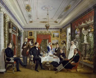 La familia Tarnovskj tomando el té en la mesa