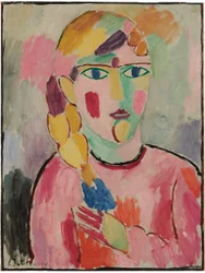 Muchacha de ojos azules y coleta, hacia 1916