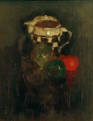Jarra de leche con manzanas