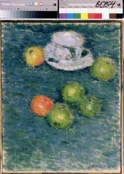 Naturaleza muerta. Manzanas y una taza. (Naturaleza muerta. Manzanas y una taza) Pintura de Alexei von Javlensky (Alexi von Jawlensky, Alexej von Javlenski) (1864-1941), óleo sobre lienzo, hacia 1903. Arte ruso, expresionismo del siglo XX. Galería Estatal 