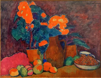 Naturaleza muerta con flores, frutas y botella