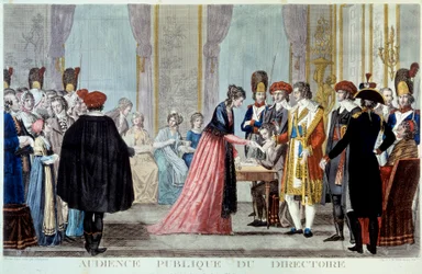 Audiencia pública del Consejo Ejecutivo (1795-1798) El público acude a presentar sus peticiones o quejas ante el representante del Estado. Grabado de Alexis Chataignier (1772-1817) 1795. París, B.N.