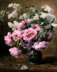 Bodegón de flores de verano con peonías y lilas. Pintura de Alexis Kreyder (1839-1912) Colección particular.