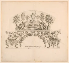 Hojas de abanico, octava y novena placas del conjunto, "Divers Desseins de grands Eventails, Encrans, et autres Ornamens, inventados y grabados por Nicolas Loire"