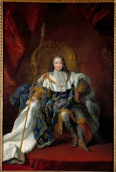 Retrato de Luis XV (1710-1774) niño en su trono con el traje y atributos de la coronación. Pintura de Alexis Simon Belle (1674-1734) 1723
