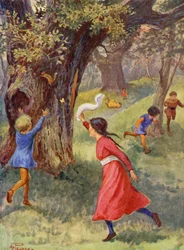 Merrie England: Niños jugando en el bosque de Sherwood (litografía en color)
