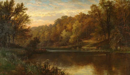 Lago Swanbourne en otoño, puesta de sol en el parque de Arundel