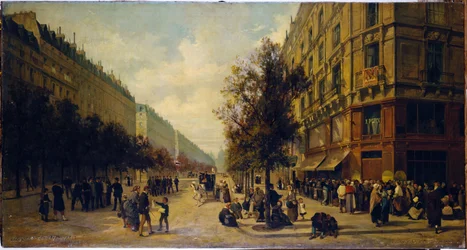 Cola en la puerta de una tienda de ultramarinos (esquina de la calle Réaumur y el bulevar Sébastopol) en noviembre de 1870, 1871 (óleo sobre lienzo)