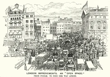 Caricatura de Punch: Mejoras en Londres. Un "espacio abierto" - congestión de tráfico en el Londres victoriano