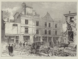 Los atentados con dinamita en Westminster, vista general del daño en Scotland-Yard