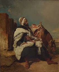 Hombre árabe sentado con caballo, posiblemente ca. 1850-58