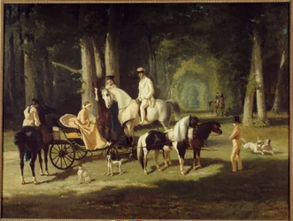 El Sr. y la Sra. A. Mosselman y sus dos hijas paseando a caballo por el bosque