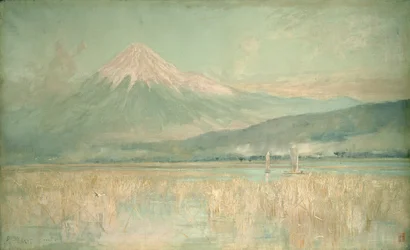 Amanecer en la montaña sagrada, el sol del Fuji medio oculto en las nubes, 1889