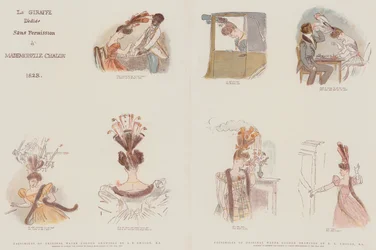 Facsímiles de dibujos originales en acuarela, diseñados para satirizar la moda en tocados femeninos del año 1828