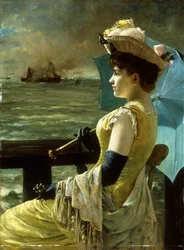 Una dama con un parasol mirando al mar