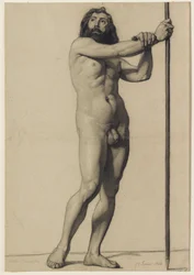 Estudio académico de figura: desnudo masculino sosteniendo un bastón, 1844