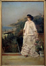 Retrato de una mujer en una terraza junto al mar. Pintura de Alfred Stevens (1823-1906) 1882 París, museo de Orsay