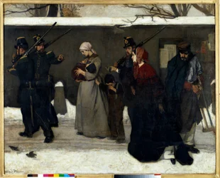 El llamado vagabundeo, también llamado «Los cazadores de Vincennes»: los guardias nacionales detienen a familias en la calle. Dimensiones: 1,3 x 1,6 m. París, Museo de Orsay