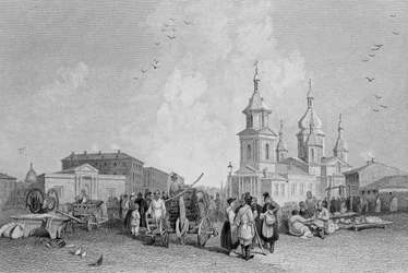 El mercado de heno, San Petersburgo, grabado por W. Chevalier
