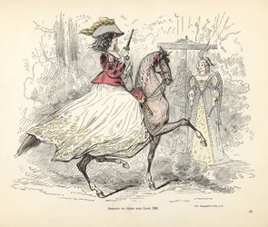 Traje de caza para mujer, época del rey Luis XIII de Francia