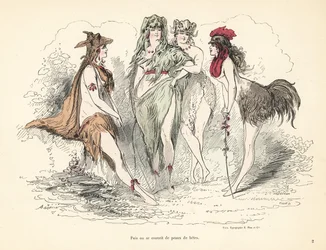 Mujer vistiendo trajes de pieles de animales, cabezas y plumas.