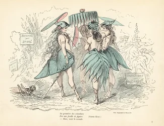 Mujeres vestidas solo con vestidos y sombreros de hojas de parra, sosteniendo hojas pa