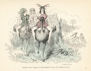 Mujeres con pieles de animales y plumas montando avestruces y cisnes.