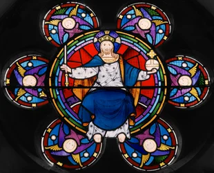 Abbey Cwm Hir, Santa María, Ventana Este, Ventana Rosa, Heaton, Butler & Bayne, Alfred Hassam, Cristo en Majestad rodeado de Ángeles, 1863