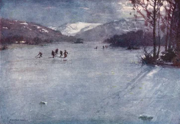 Distrito de los Lagos: Cerca del ferry, Windermere, patinando a la luz de la luna (litografía en color)