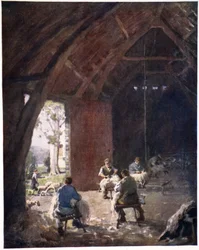 Esquila de ovejas, Esthwaite Hall Farm, de una cartera de impresiones de las acuarelas originales, c.1920