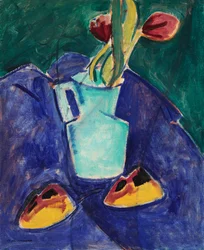 Tulipanes en un Florero Verde