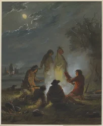 Fogata, preparación de la comida de la noche