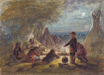 fuego de campamento en la noche; Trampero relatando una aventura, c.1858 (lápiz, pluma y tinta, acuarela y gouache sobre papel)
