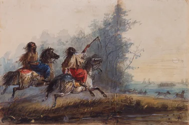 Mujeres, tribu de serpientes, conduciendo caballos, c.1837