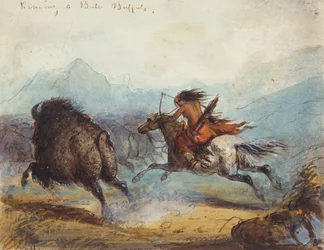 Mujer india corriendo un búfalo, c.1858-60 (acuarela sobre papel)
