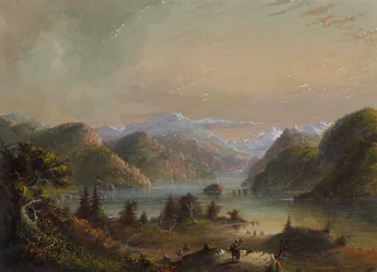 Paisaje lacustre con el río y la montaña