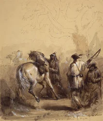 Sir W.D.S., Antoine and Auguste or Preparing for a Buffalo Hunt, c.1837 (pluma y tinta, aguada y gouache sobre papel)