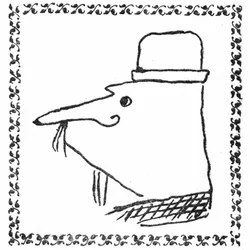 Retrato de Monsieur Ubu por Alfred Jarry. Dibujo a pluma en un marco tipográfico de hebras trifoliadas -Edición princeps de Ubu Roi, Mercure de France, junio de 1896.
