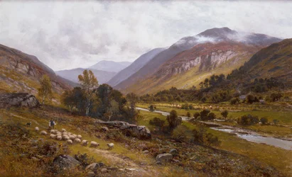 Un valle fluvial con un paisaje montañoso más allá (óleo sobre lienzo)