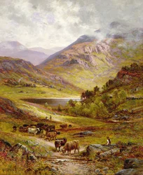 Ganado Longhorn en un paisaje montañoso