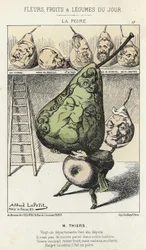 La Peire: caricatura sobre Thiers - ill. del 14/02/1871 por Alfred Le Petitty, en "Flores, Frutas y Verduras del Día"