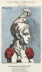 Les Cherry: caricatura sobre MM Emmanuel y Etienne Arago - ilustración del 11/03/1871 en “Flores, Frutas y Verduras del Día”