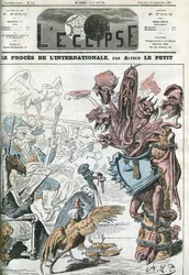 El juicio internacional por el Consejo General de Londres tras el arresto de miembros de la Asociación Internacional de Trabajadores. Portada en "L