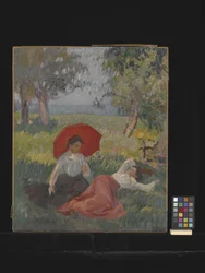 Dos mujeres descansando en un paisaje (óleo sobre lienzo)