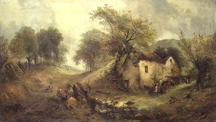 Niños en un camino junto a un molino